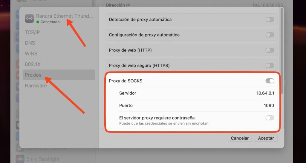 Configurando SOCKS5 con Mullvad VPN en macOS (Safari / Chrome / Edge / Brave)