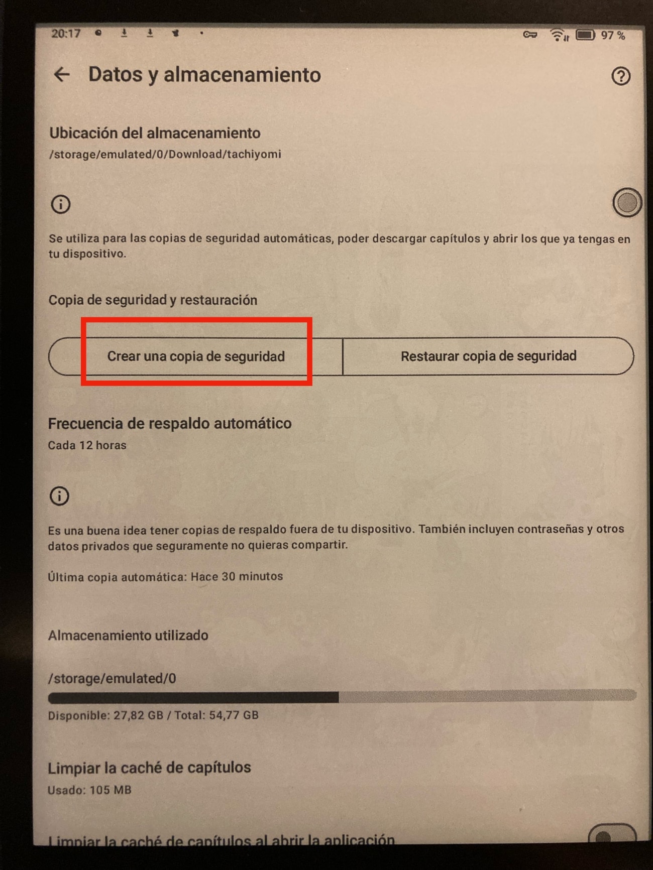 Cómo crear un backup en Tachiyomi de todas nuestras fuentes: creamos la copia y la guardamos en el disco duro del dispositivo. 