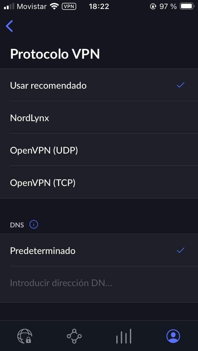 App para iOS de NordVPN. Protocolos VPN que puedes elegir. 