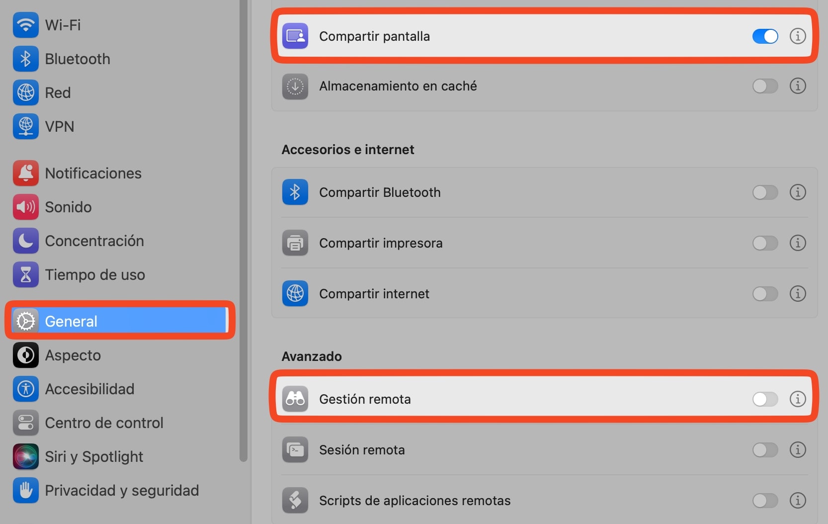 Compartir pantalla y gestión de RED en macOS para permitir acceso remoto con la red Mesh de NordVPN