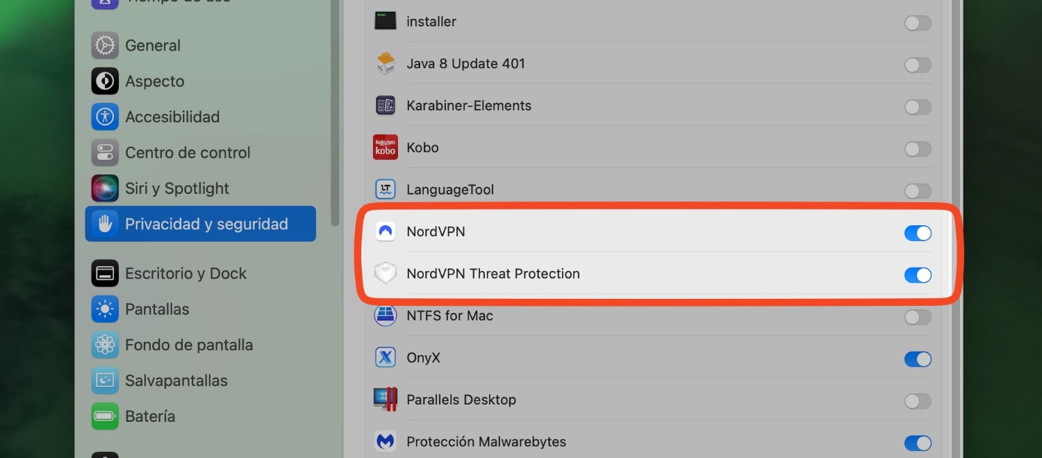 Ajustes de Sistema de macOS: está en Privacidad y Seguridad. Damos acceso total al disco a los dos items de NordVPN