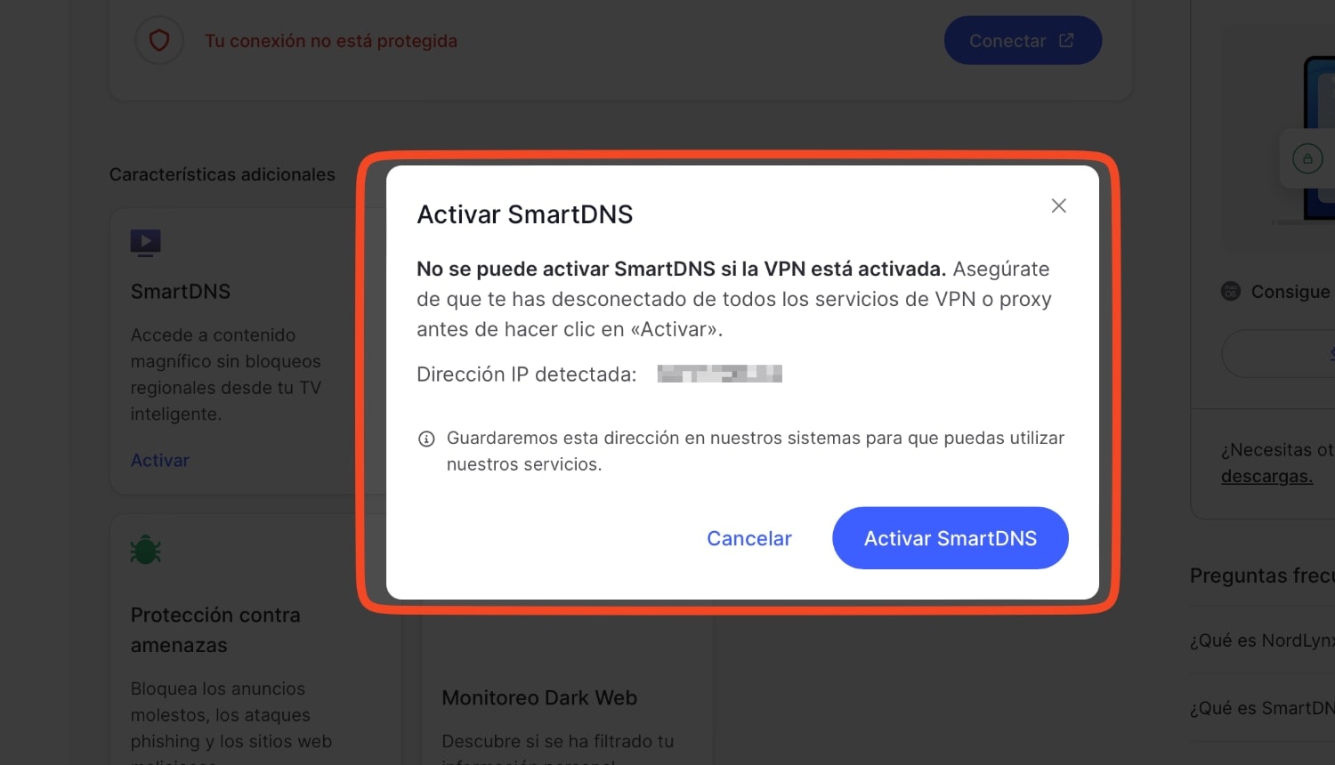 Servicios > NordVPN > Características adicionales: SmartDNS de NordVPN. Lo activamos con la IP que tenemos sin una VPN activa. 