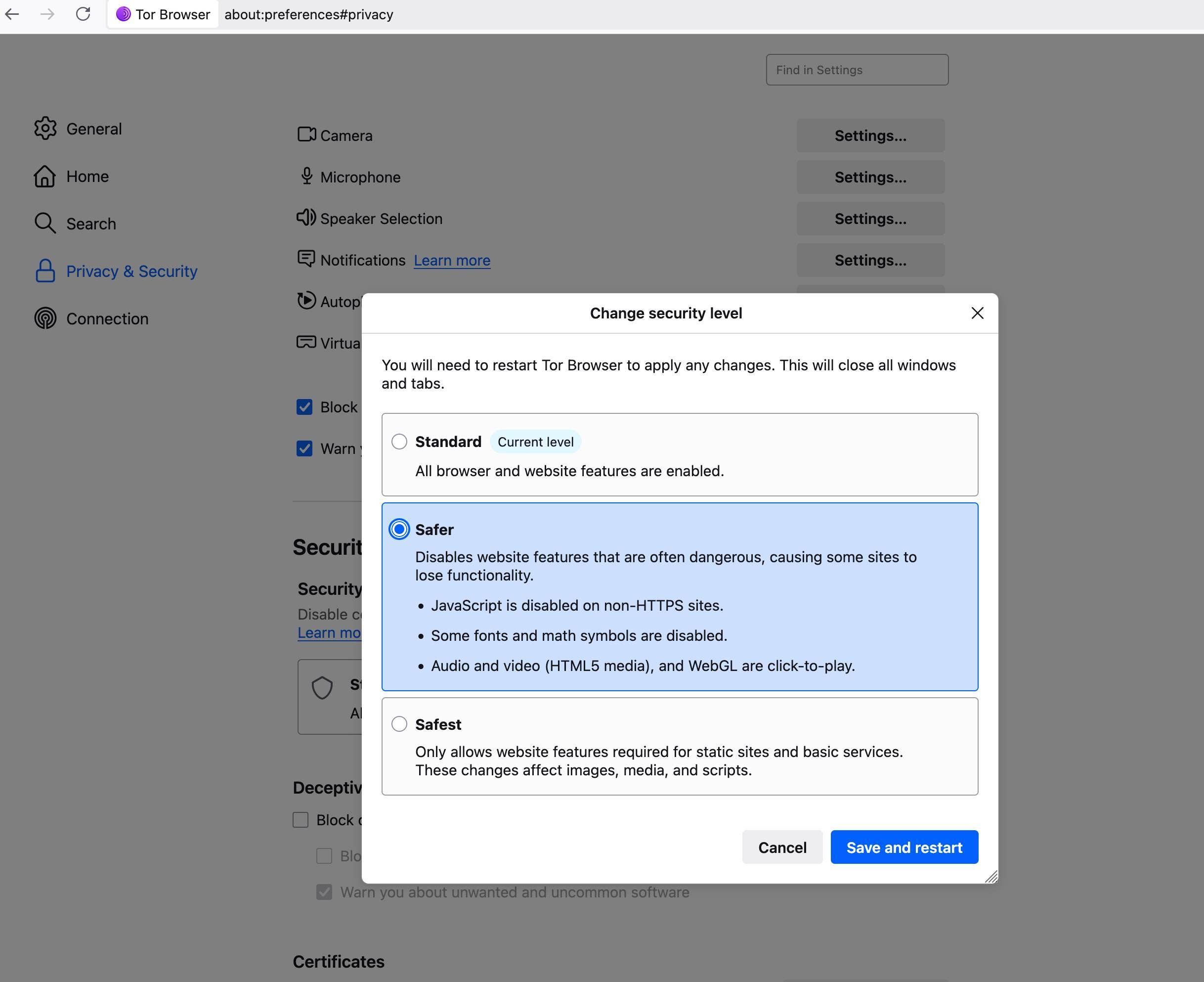 Modo safer en Tor Browser: buen compromiso entre usabilidad y seguridad.