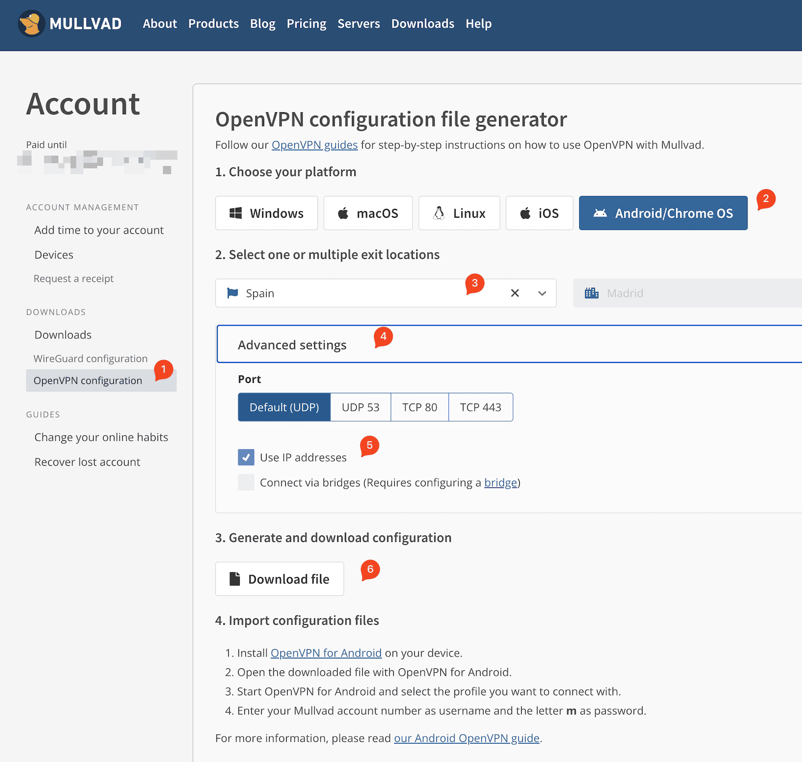 En el caso de Mullvad, tenemos que ir a su generador de archivos de configuración OpenVPN para poder instalarlos en nuestro router.