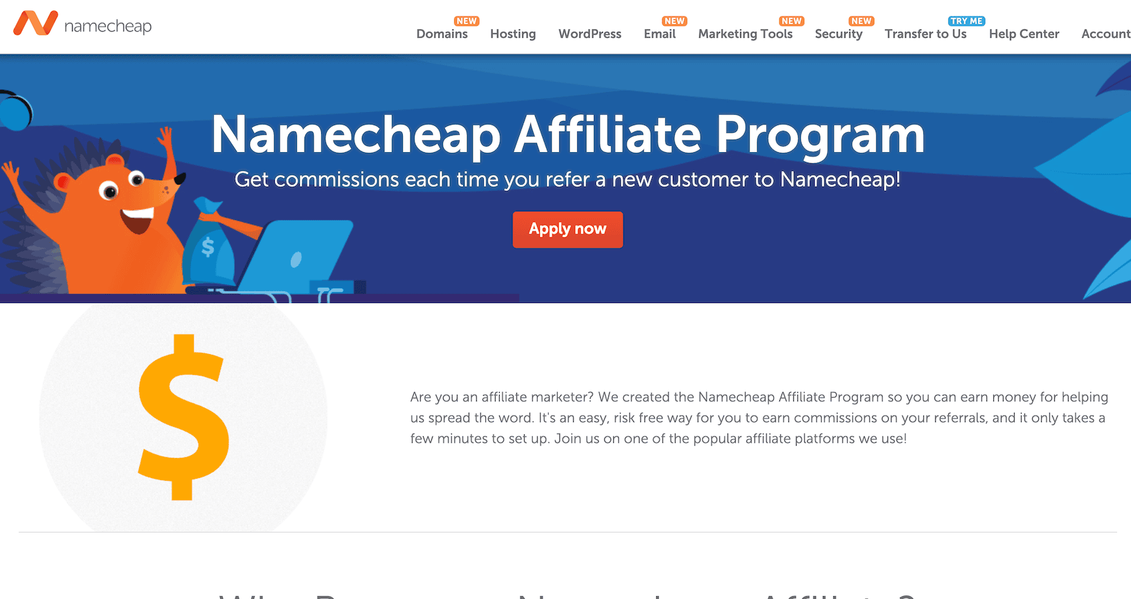 Página de afiliados de Namecheap