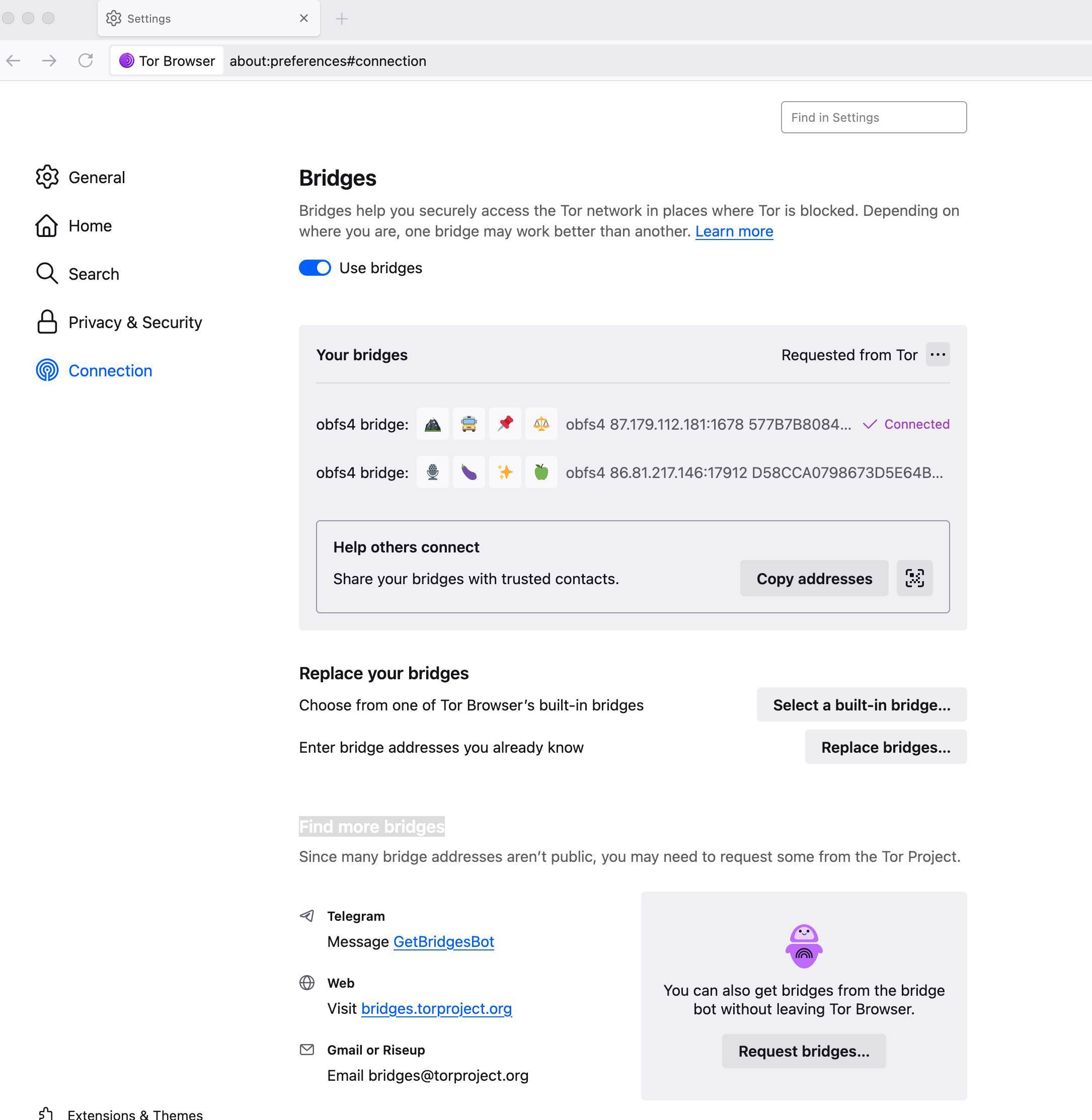Configura los bridges en Tor browser para mejorar el acceso.