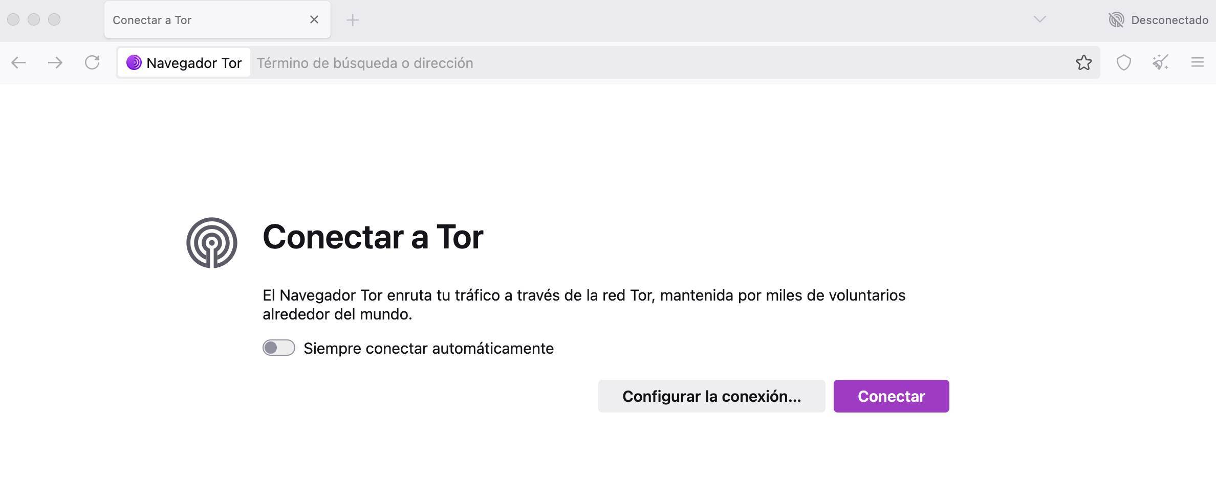 Navegador TOR pantalla inicial