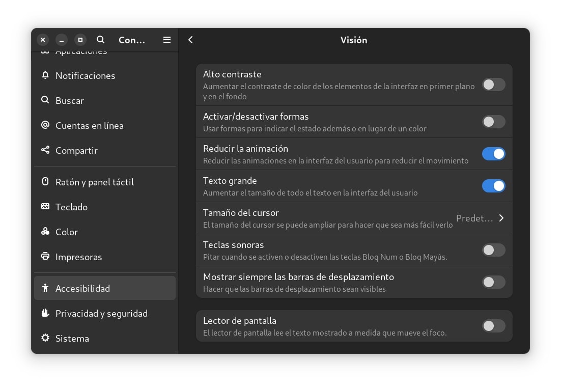 Configuración (la rueda dentada) > Accesibilidad > Visión y marcando reducir la animación en Fedora 40