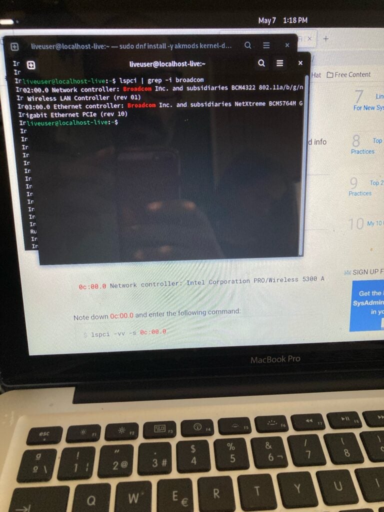 Comando sudo lspci | grep -i broadcom en el terminal de Fedora