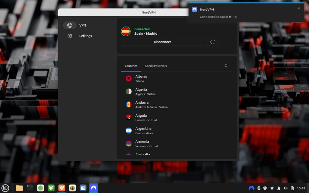 Version GUI app NordVPN en Linux Mint