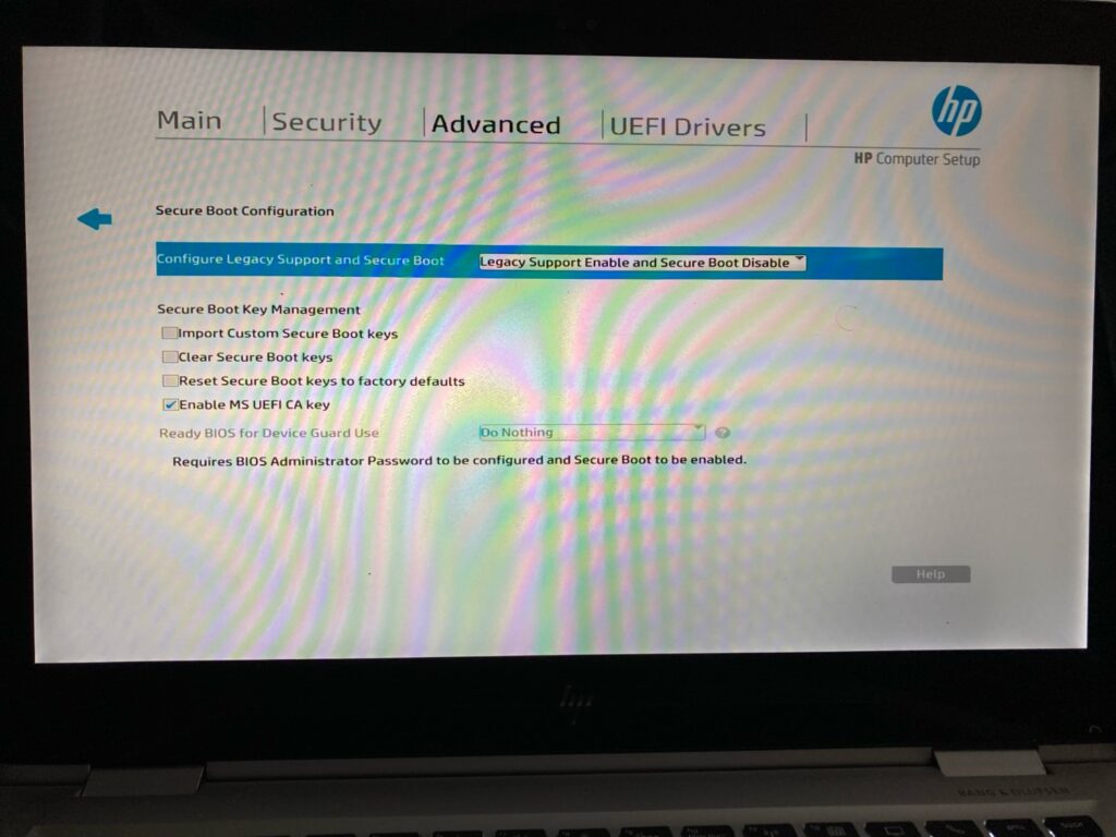 Legacy Support Enable and Secure Boot Disable en HP ELITEBOOK