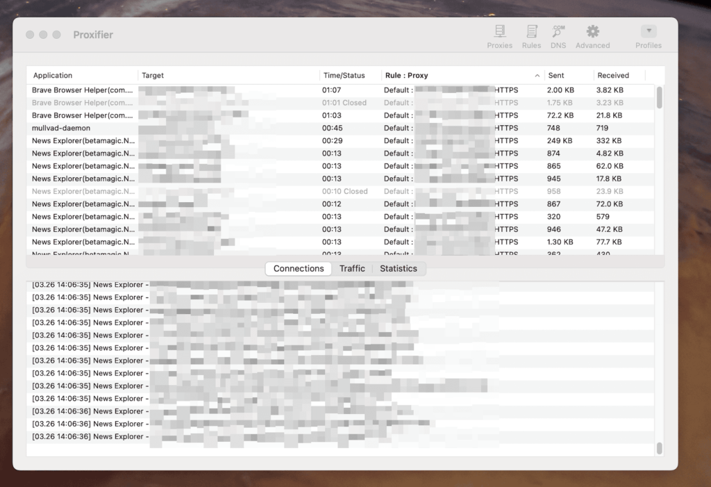 Usando la app Proxifier con los proxy de MyPrivateProxy en macOS.