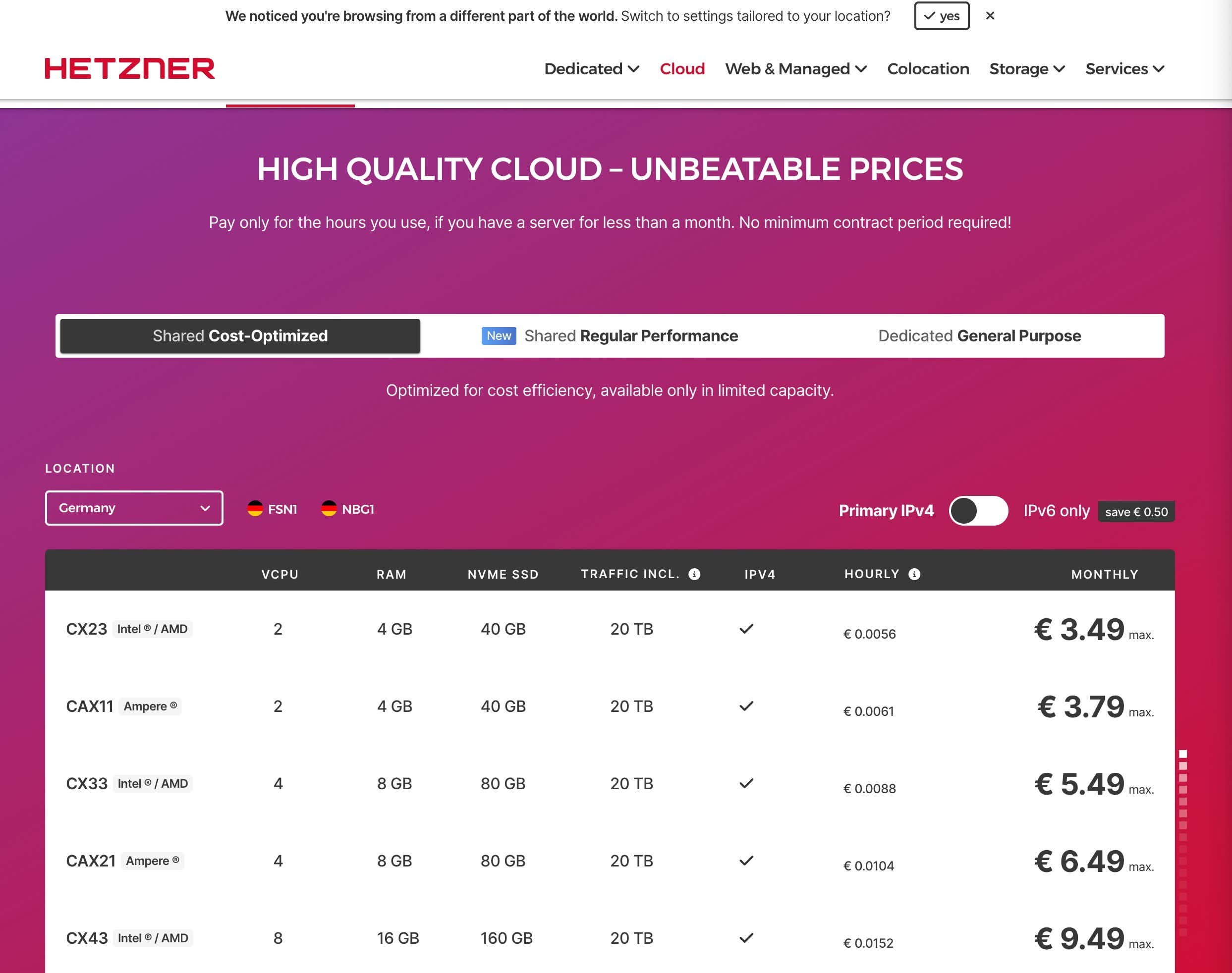 Servidor web en Hetzner: 20 euros en créditos para tu alojamiento web. Sus precios son muy bajos.