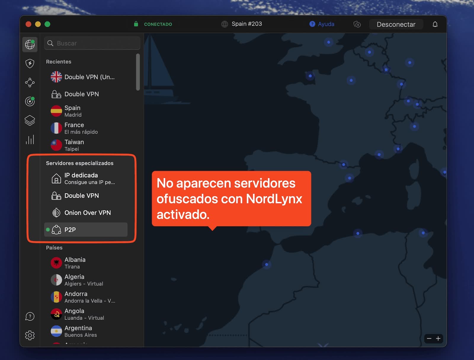 No aparecen servidores ofuscados en la app NordVPN