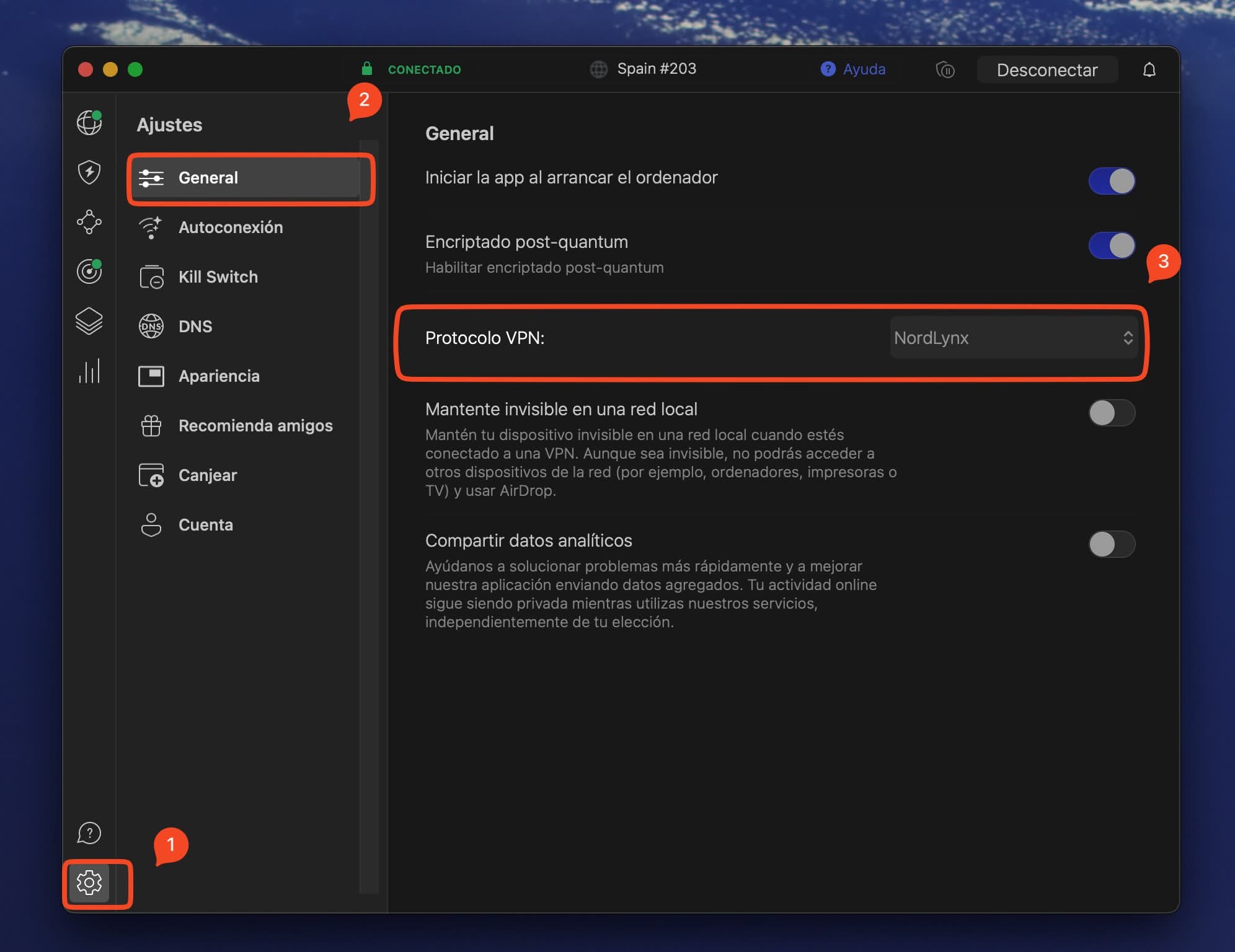 Tengo activada la opción de NordLynx en los ajustes de la app en macOS de NordVPN