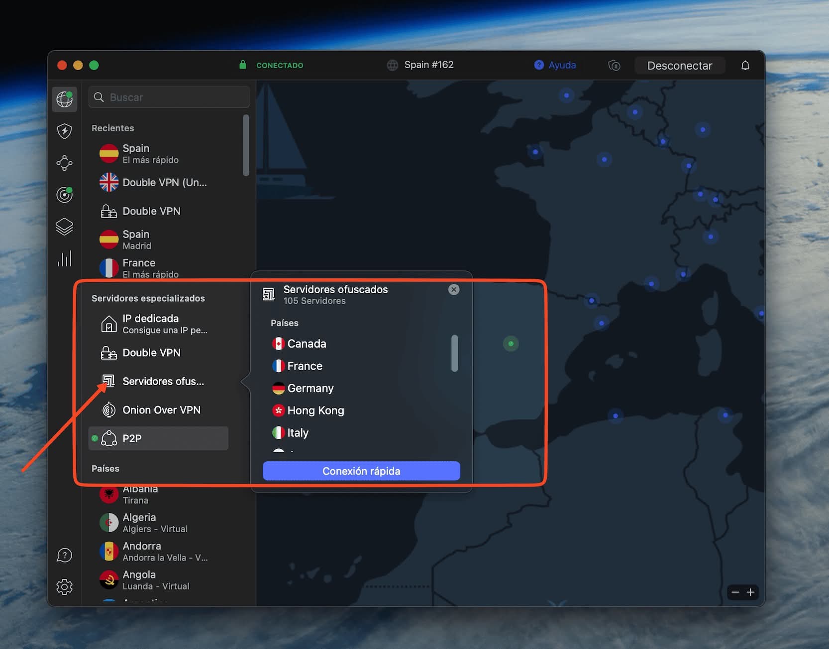 La app de NordVPN con servidores ofuscados.