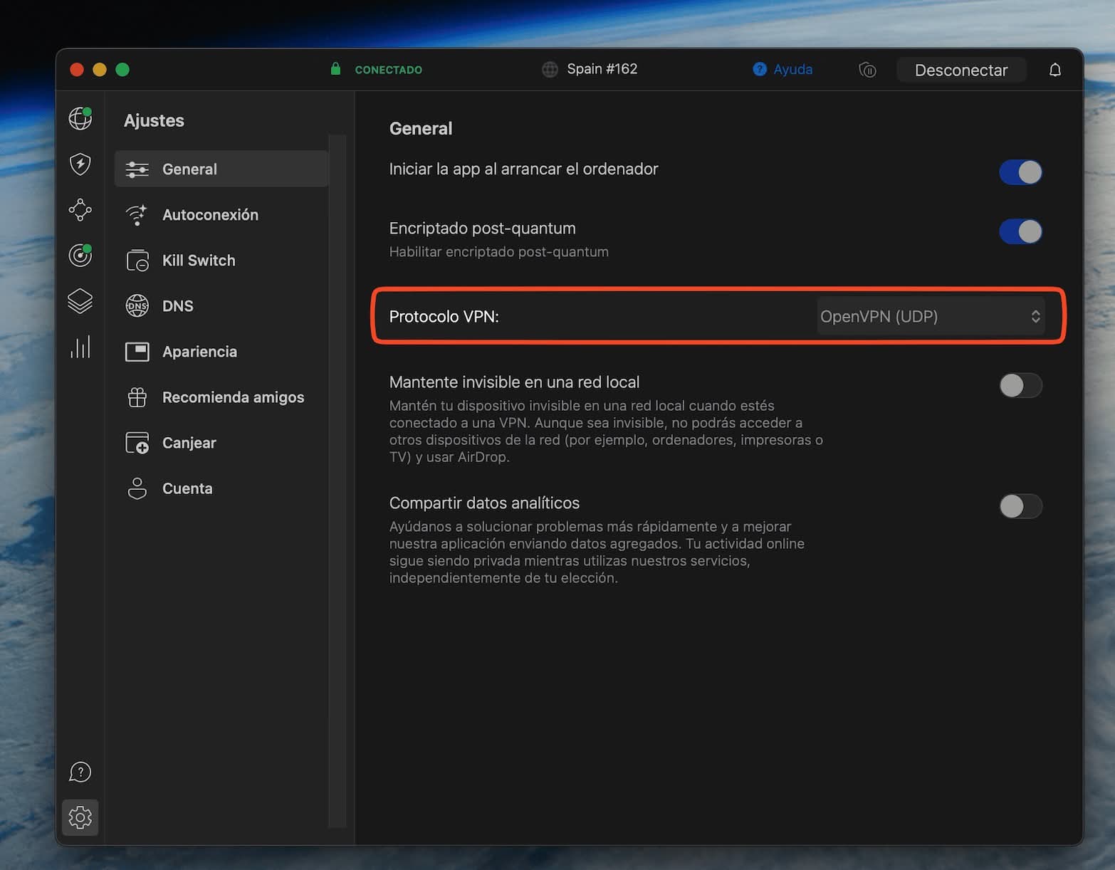 Pasamos al protocolo OpenVPN en la app de NordVPN para tener acceso a los servidores ofuscados.