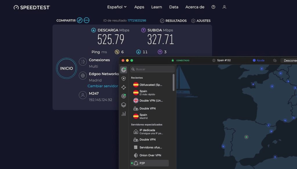 Velocidad nordVPN en servidores no ofuscados en España