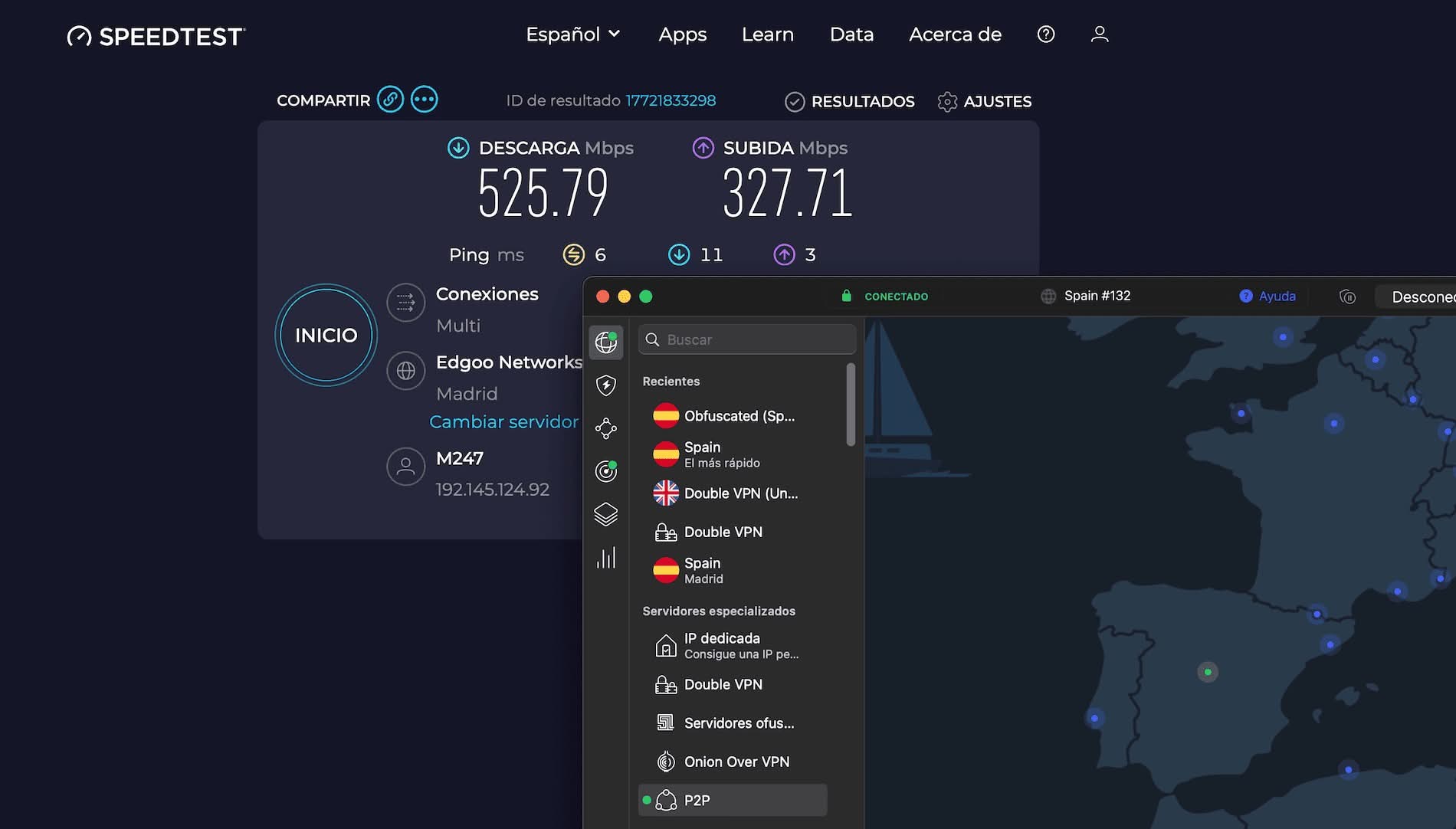 Velocidad VPN NordVPN con servidor NO ofuscado en Madrid.
