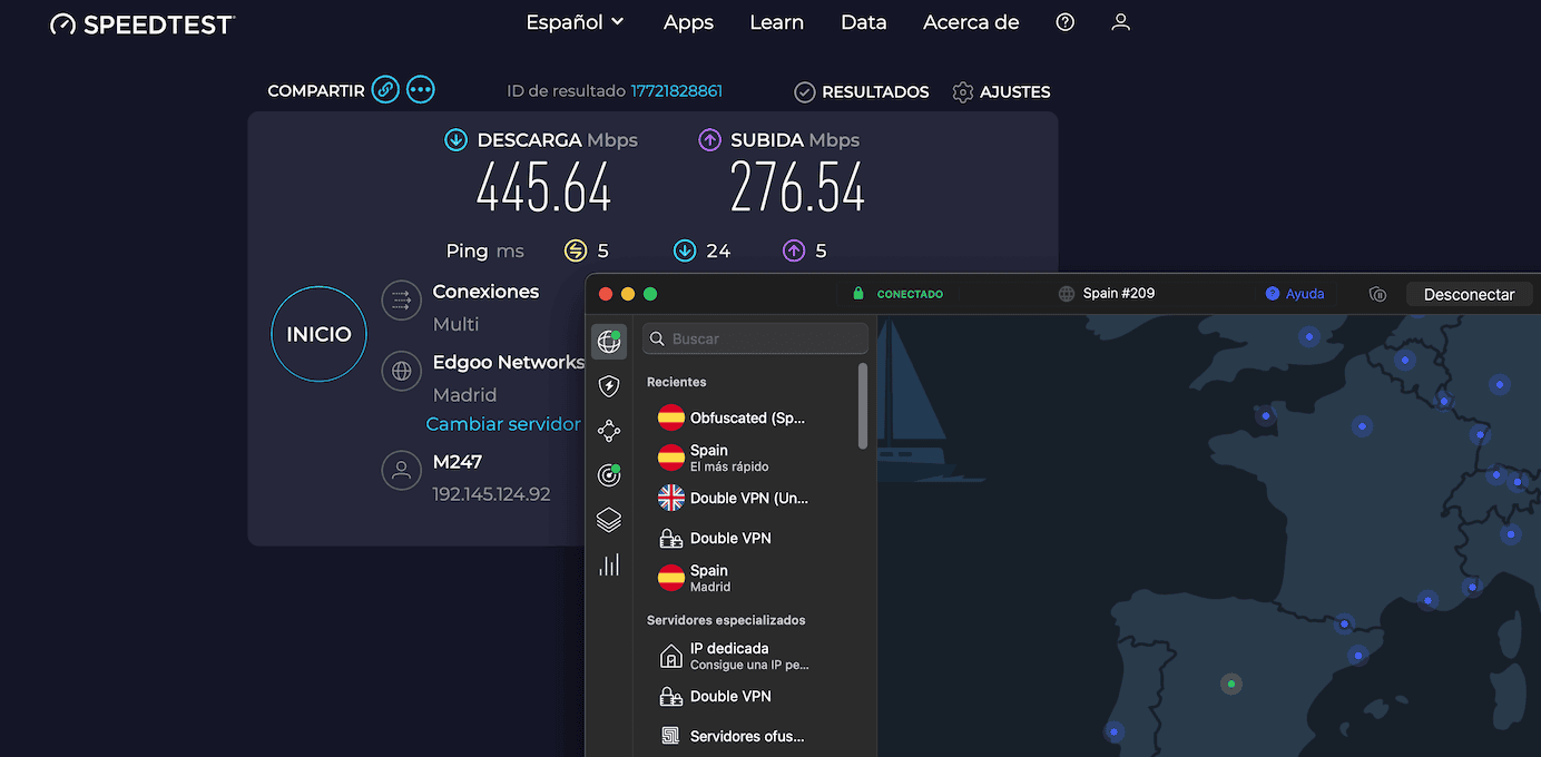 Velocidad VPN NordVPN con servidor ofuscado en Madrid.
