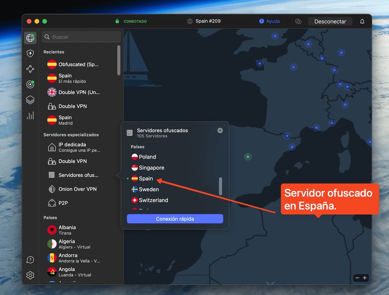 Servidor ofuscado en España en NordVPN con protocolo OpenVPN.