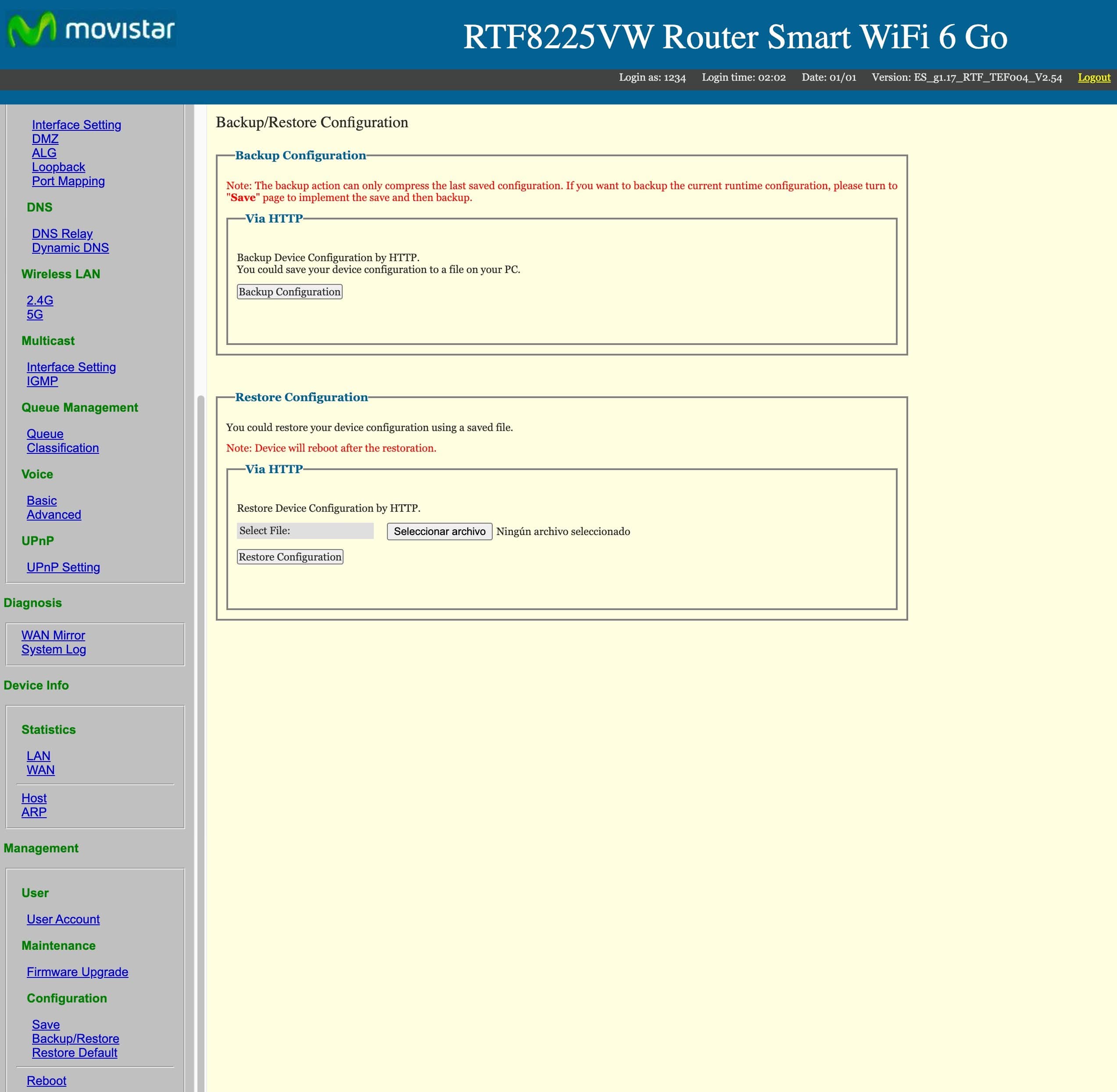 Movistar Smart Wifi 6 Go: backup configuracion