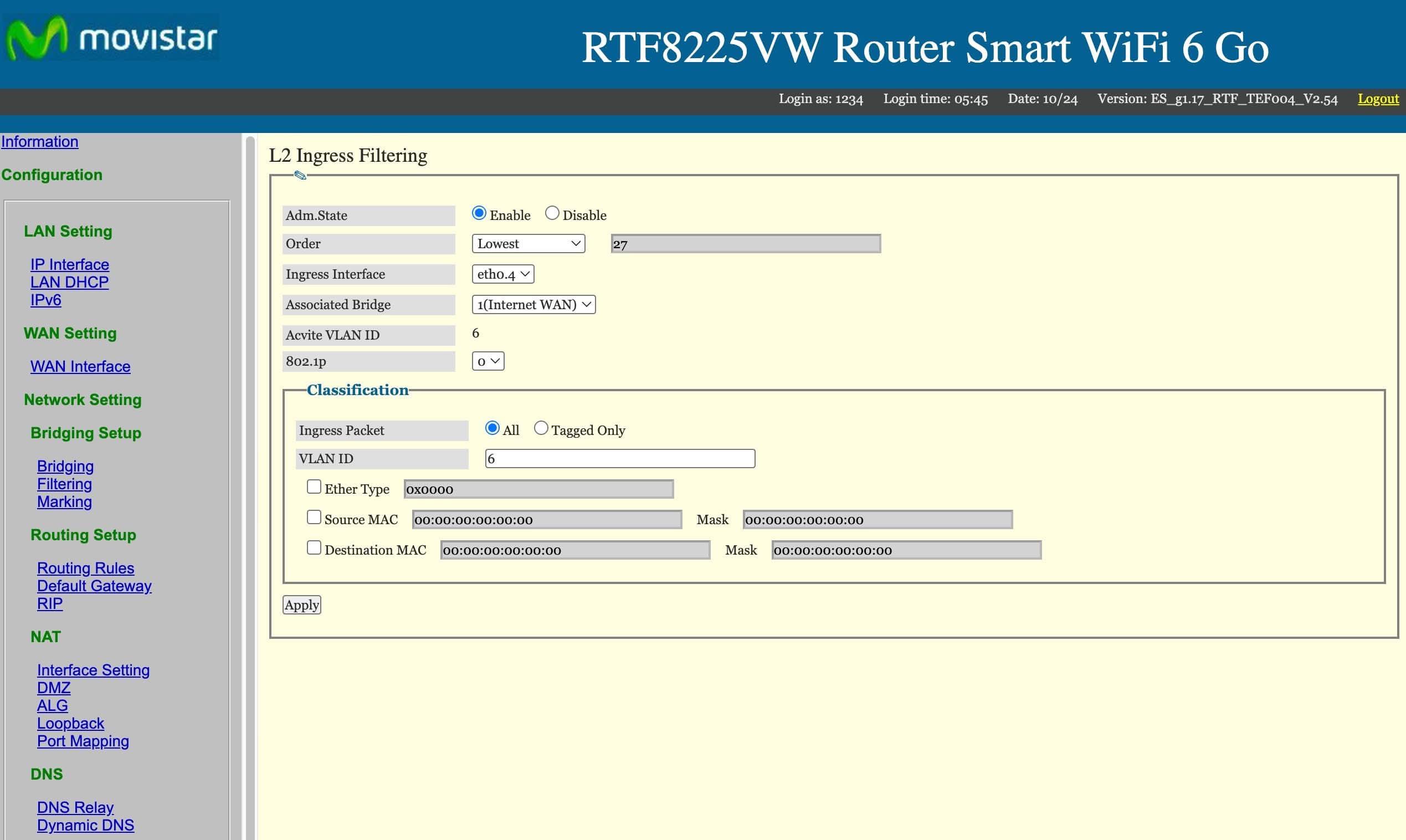 Creamos una regla Eth04 en Filtering en el router de Movistar