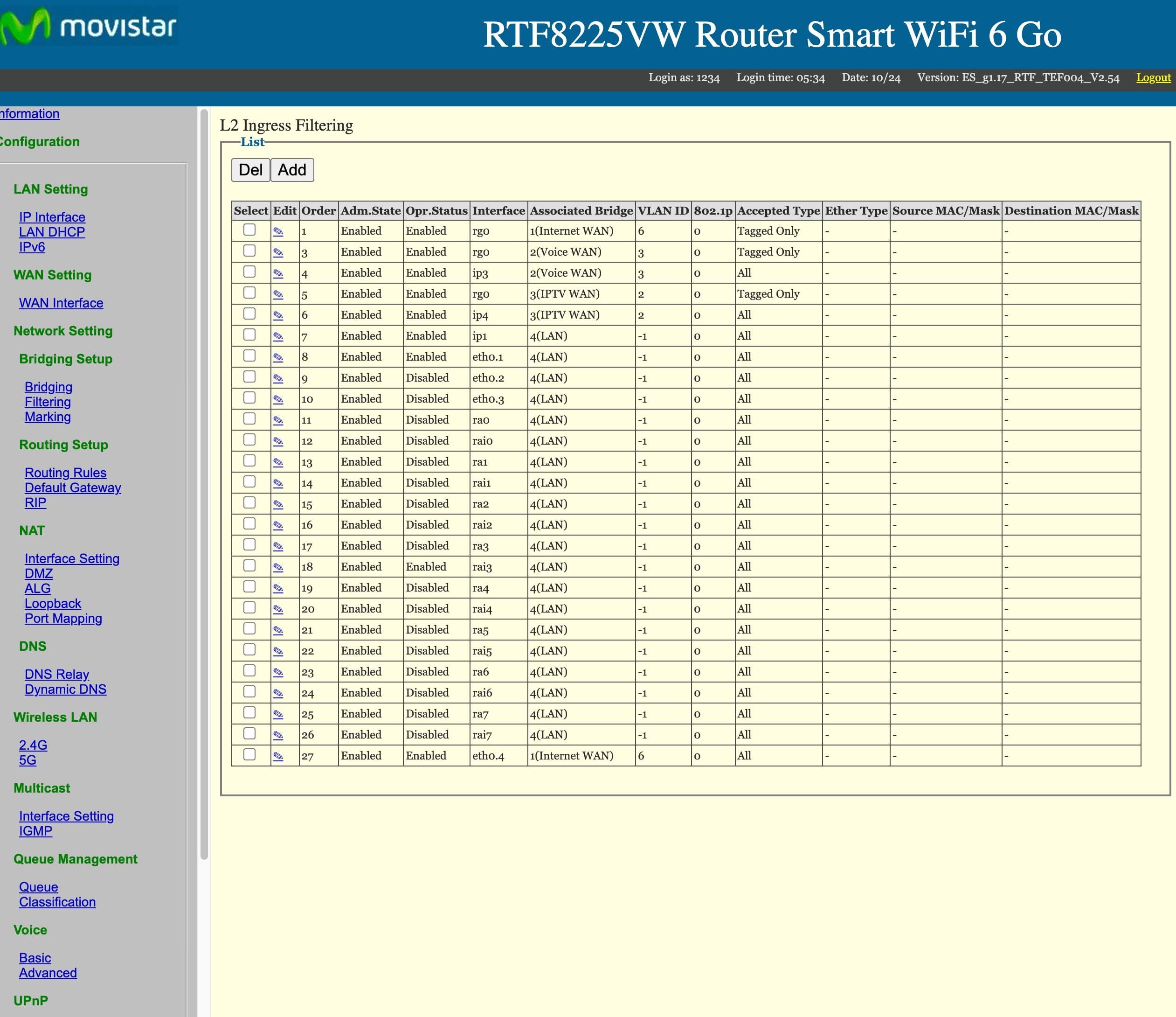 En el router Movistar cambiamos el puerto Eth04 en Filtering