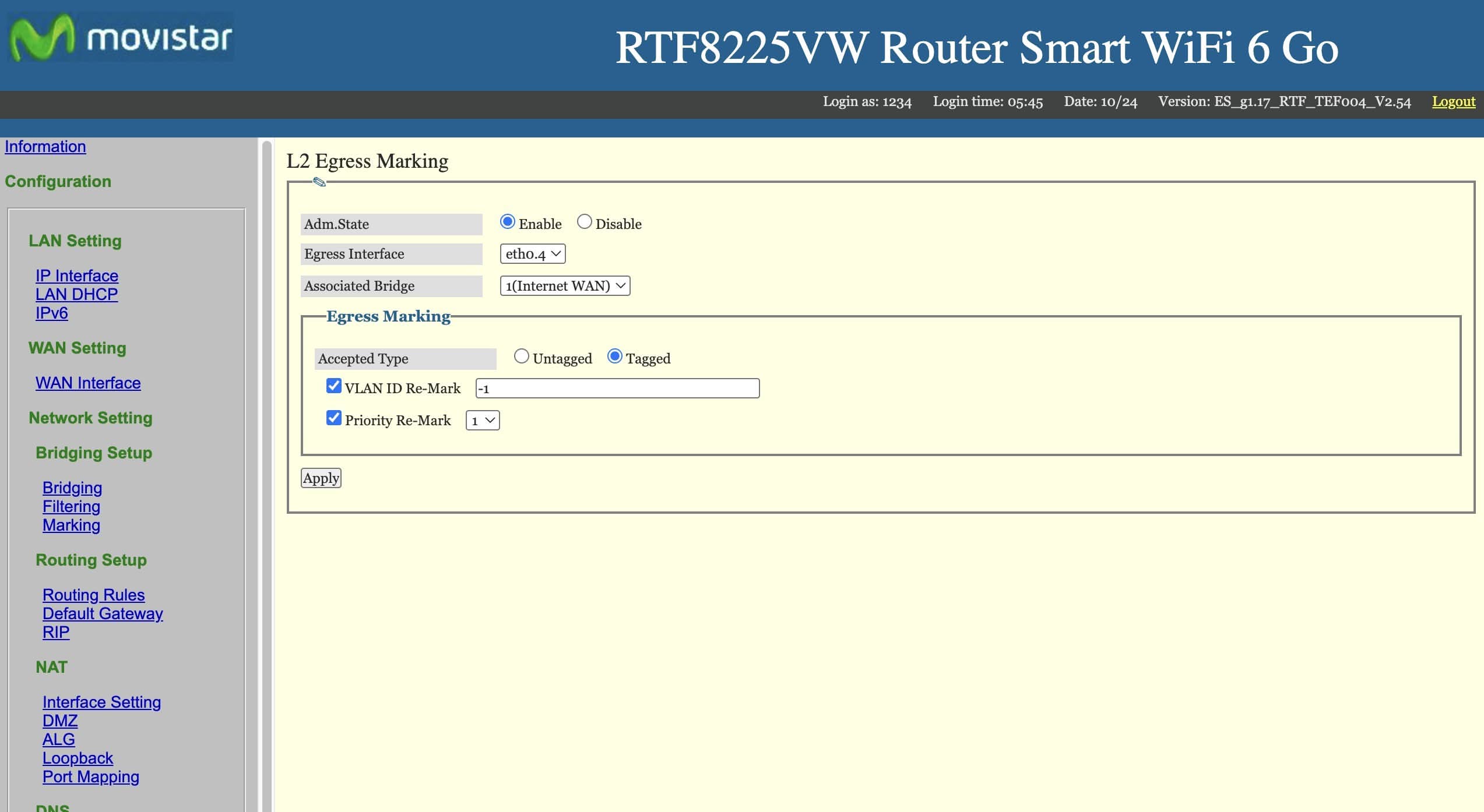Menu Marking del reouter de Movistar