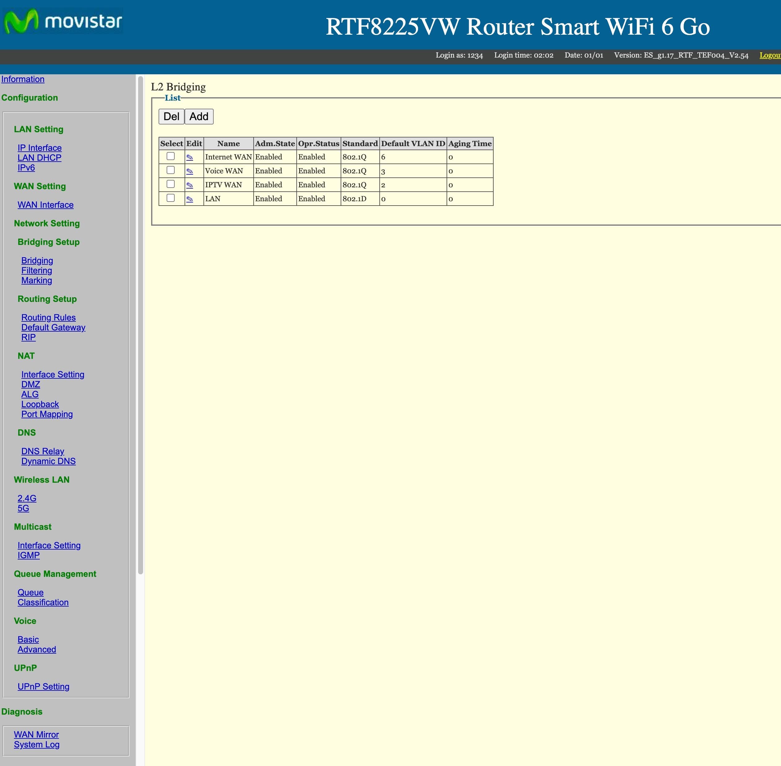 En Bridging Setup, te metes en Bridging. Compruebas que todo está Enabled en el router de movistar