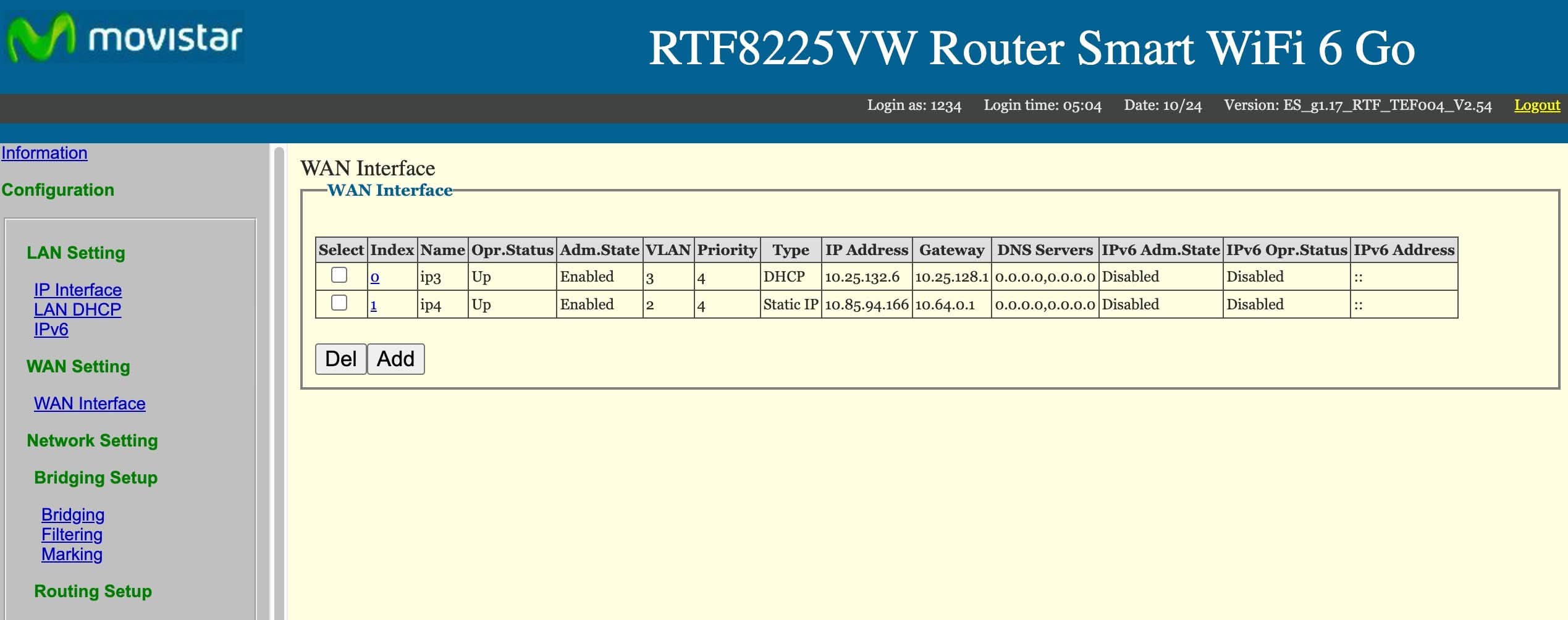 Eliminamos el PPPoe de la configuración WAN (WAN Interface) en el router de Movistar