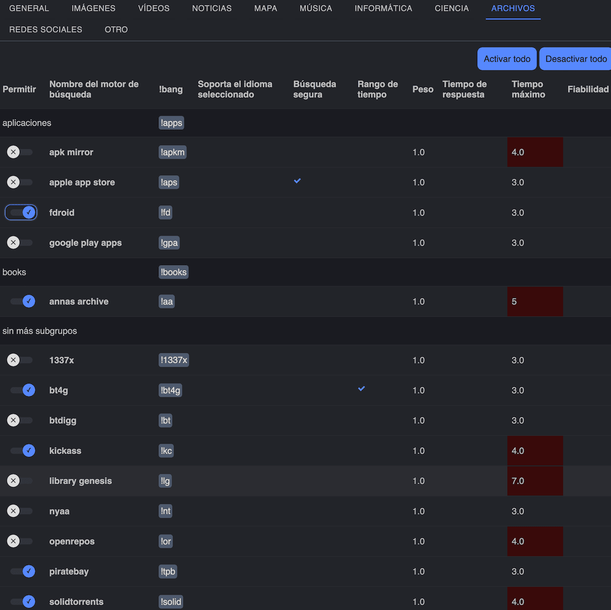 Motores de búsqueda en SearXNG en la sección de Archivos.