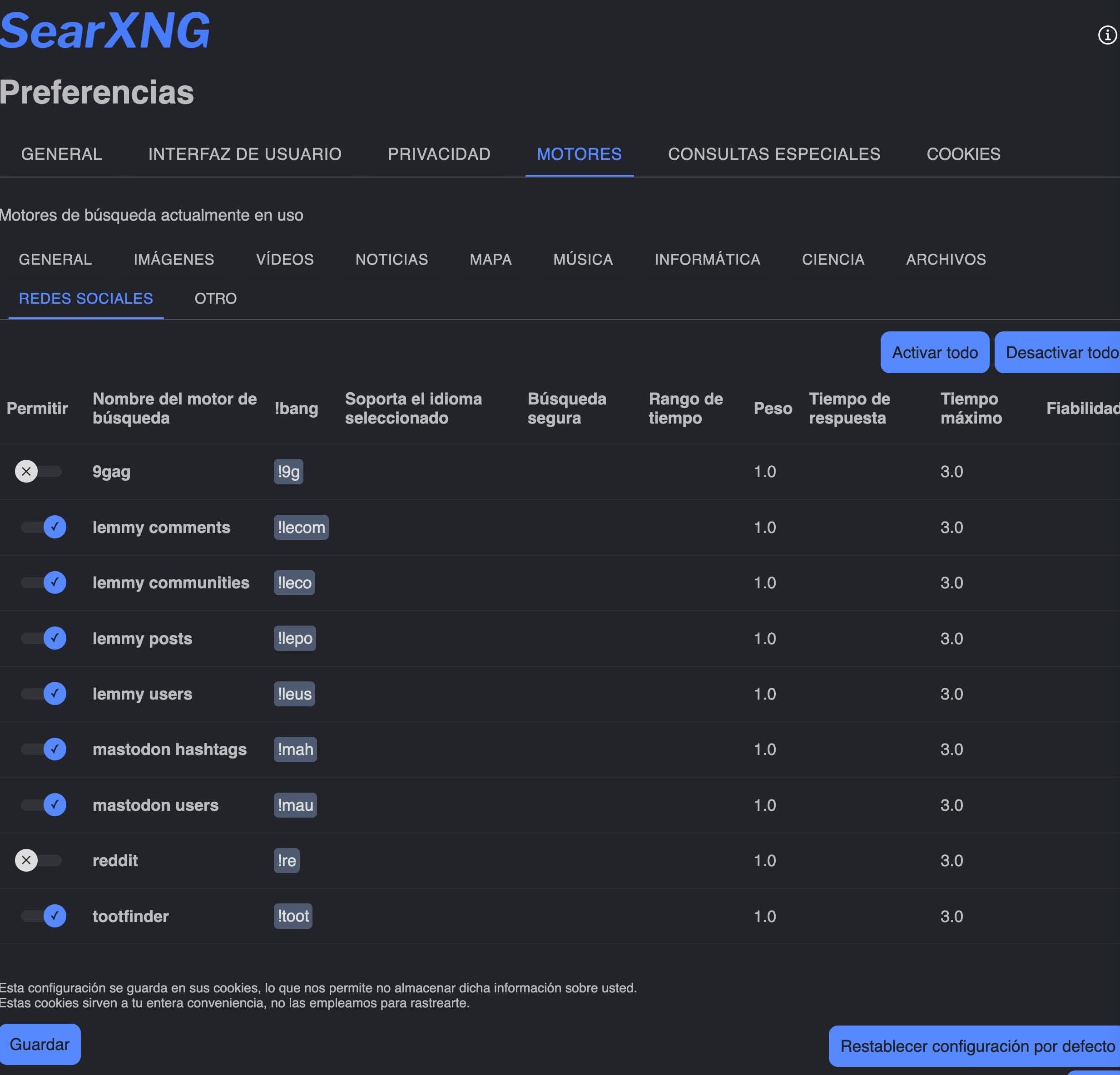 Motores de búsqueda en SearXNG en la sección de redes sociales.