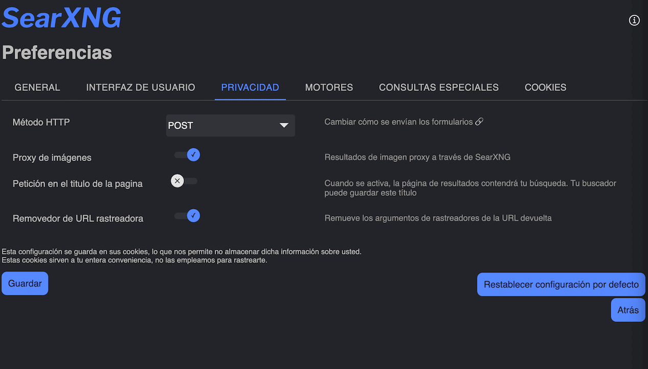 SearXNG: opciones de privacidad.