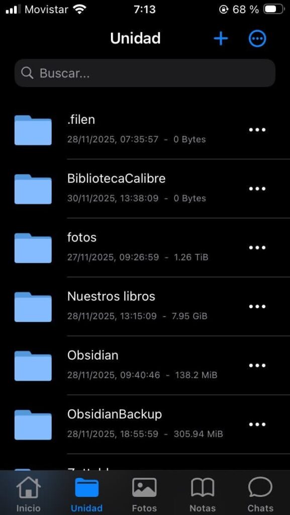 Todas las carpetas de filen en la app de iOS