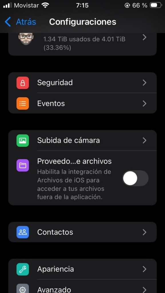 Configuración de Filen en la app de iOS