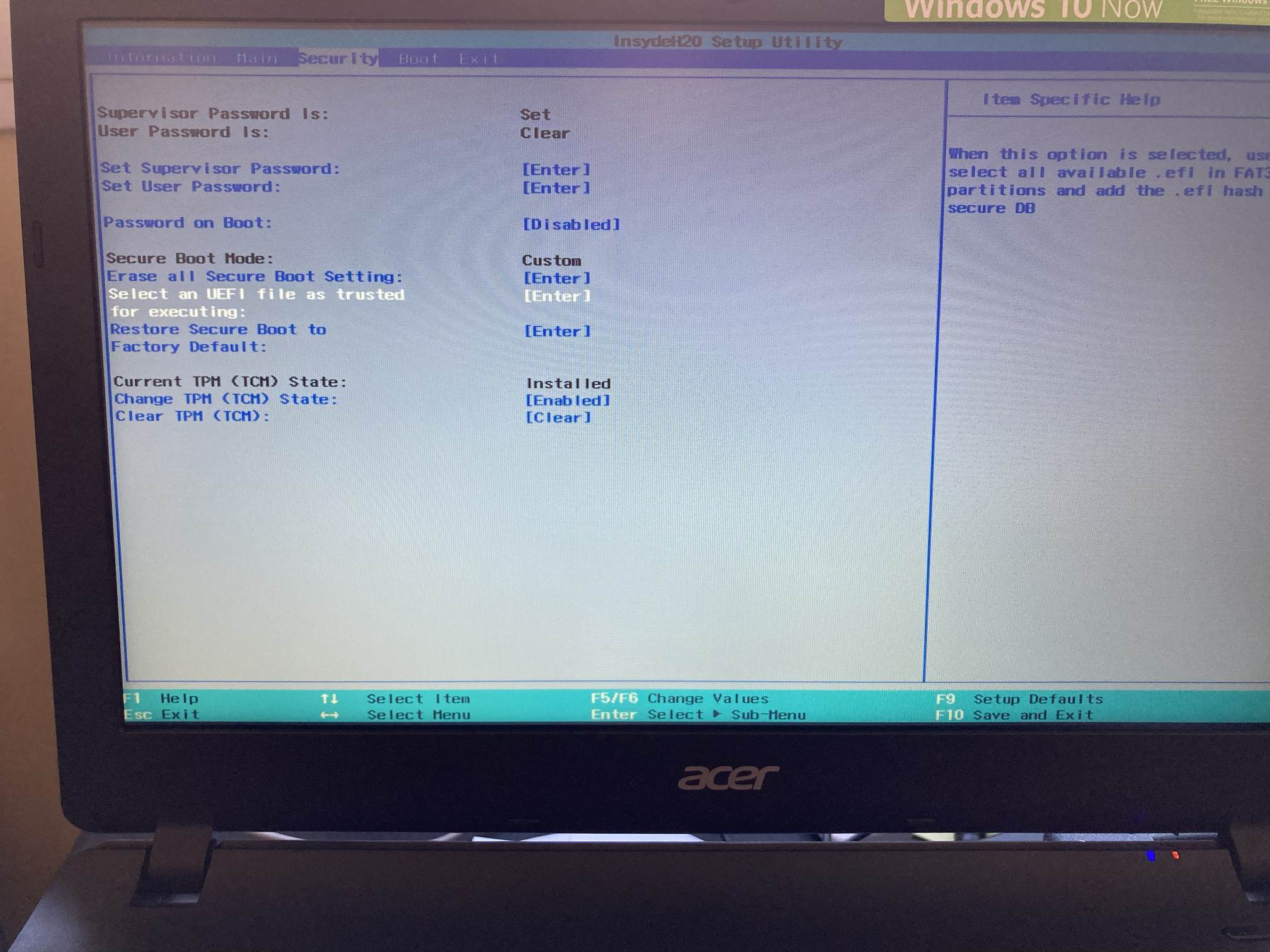 Acer Aspire ES1-331 BIOS: cambiamos Select an UEFI file as trusted for executing