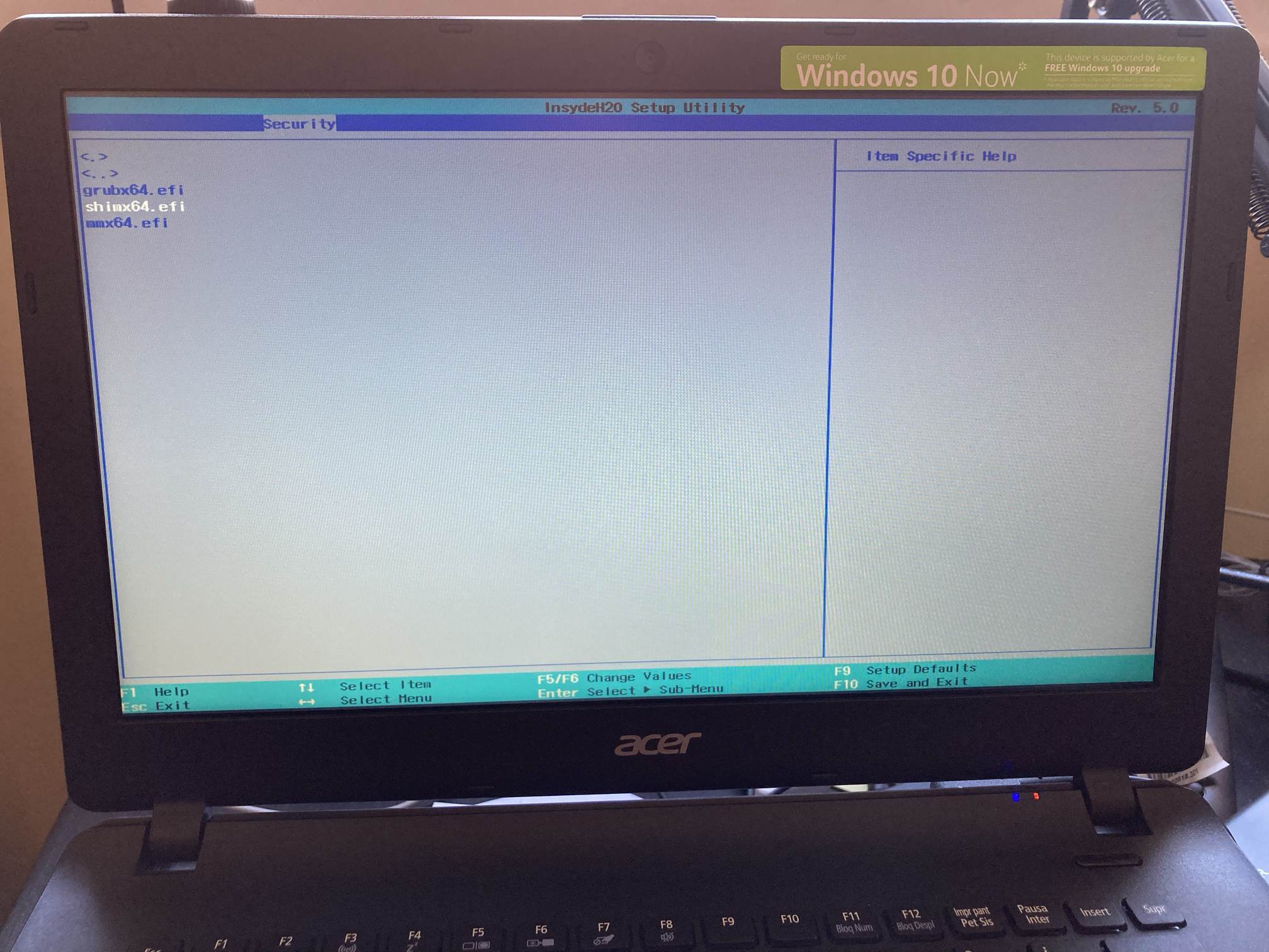 Select an UEFI file as trusted for executing en Acer Aspire: ponemos shimx64.efi