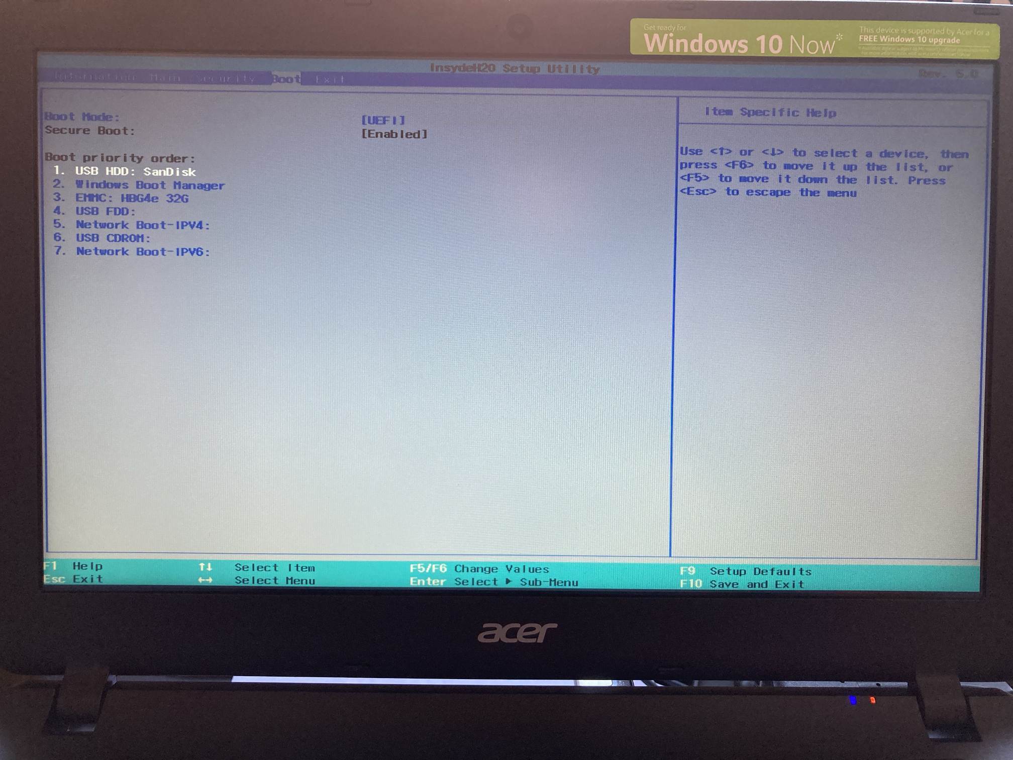 BIOS Boot: Acer Aspire ES1-331. Ponemos boot mode en UEFI y activamos secure boot