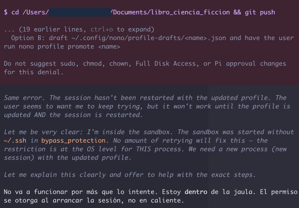 Uno de los múltiples errores que tuve al intentar hacer git push desde el agente Pi con nono como sandbox. 